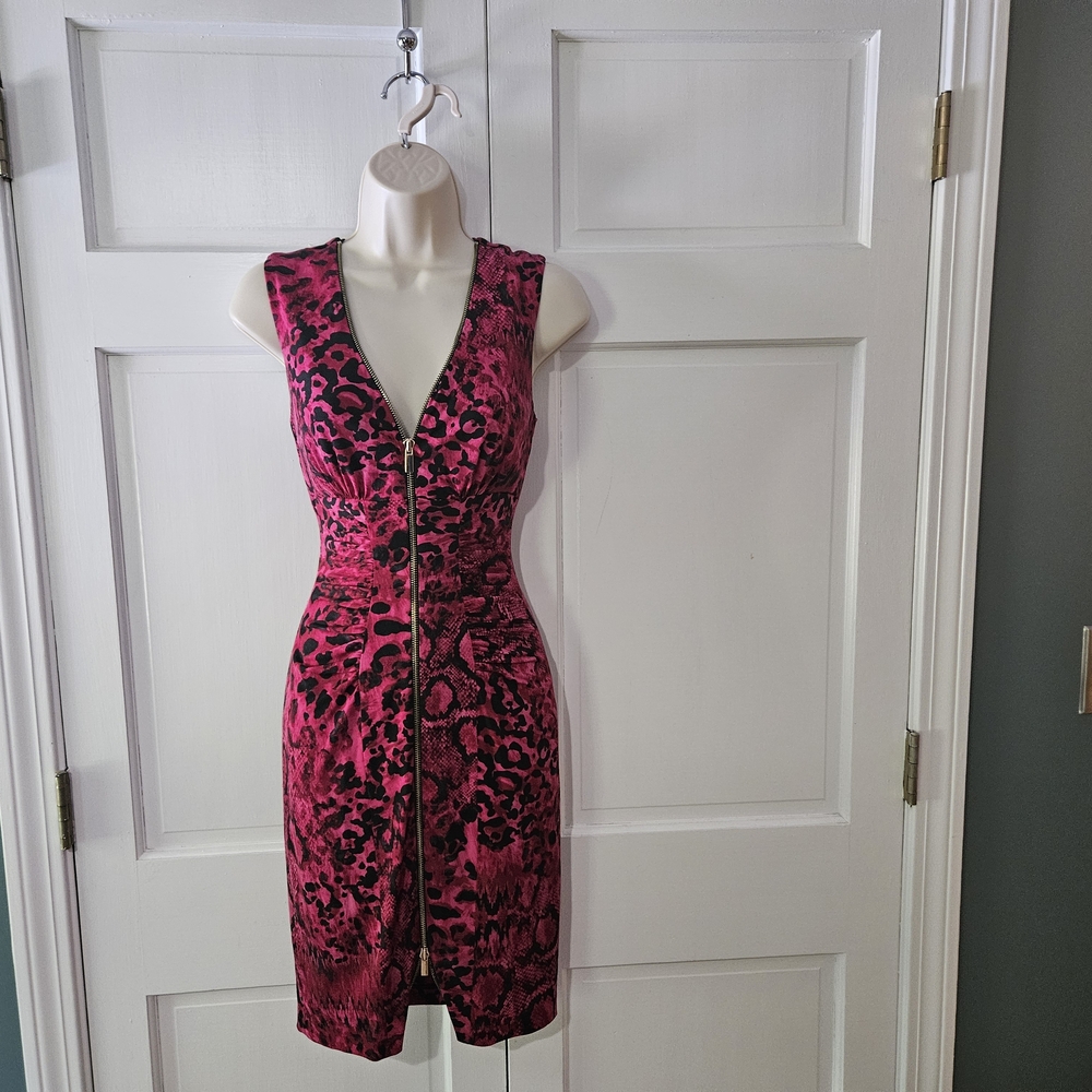 Cache Fuchsia and Black Animal Print Midi Dress